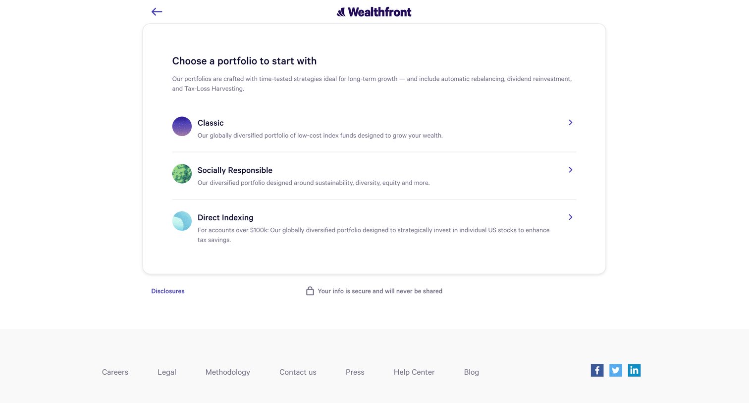Wealthfront - Choose a portfolio to start with - Wealthfront screen