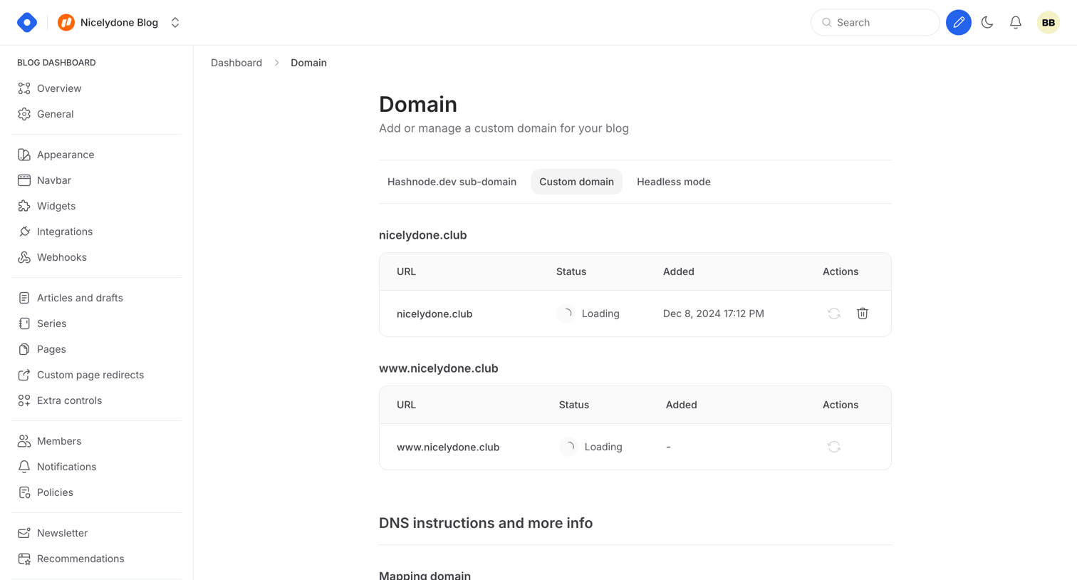Hashnode - Dashboard - Domain screen