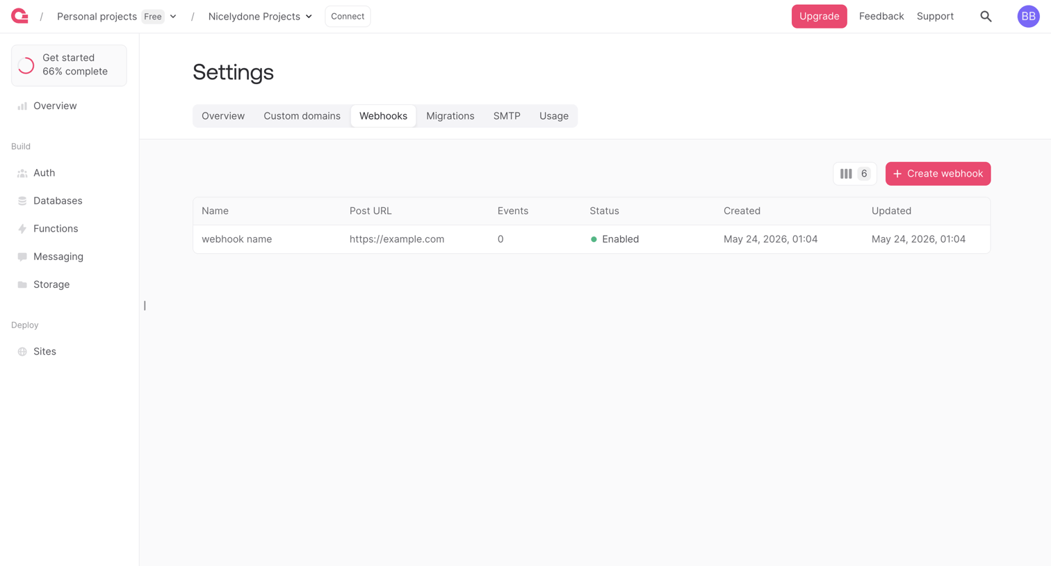 Appwrite - Webhook - Appwrite screen