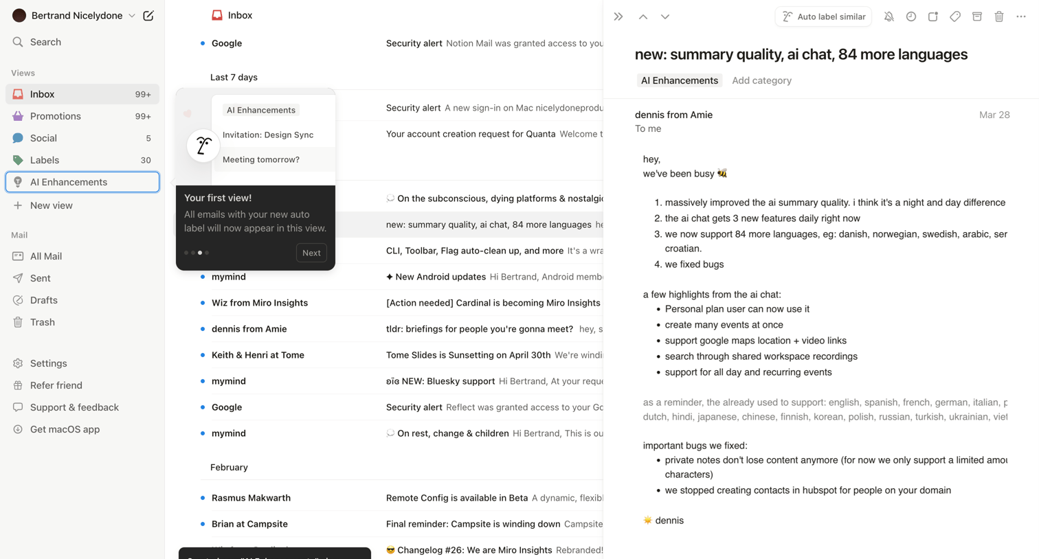 Notion Mail - 99+ • Inbox • nicelydoneproducts@gmail.com • Notion Mail screen