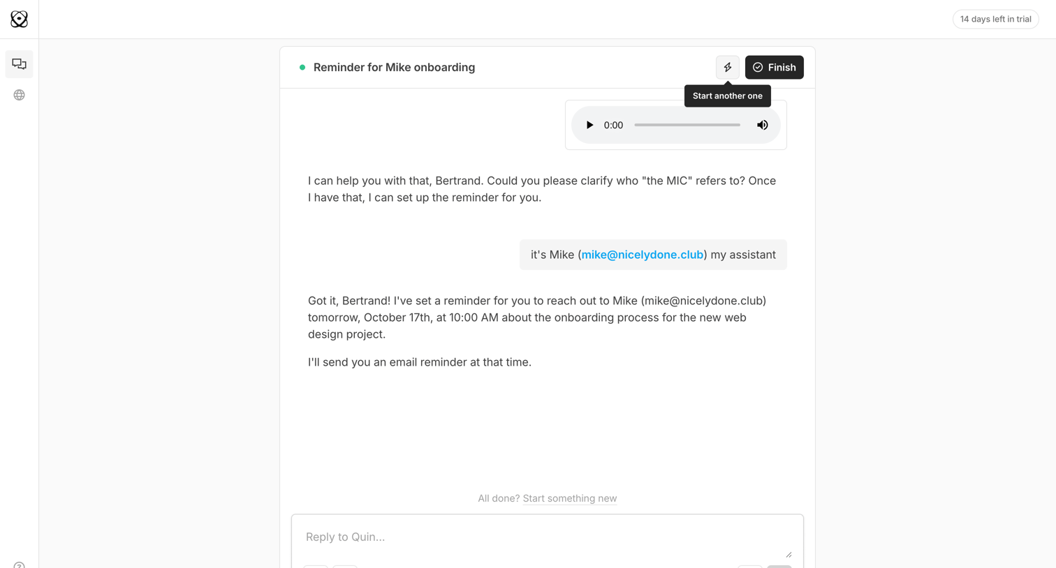 Quin - Reminder for Mike onboarding | Quin screen