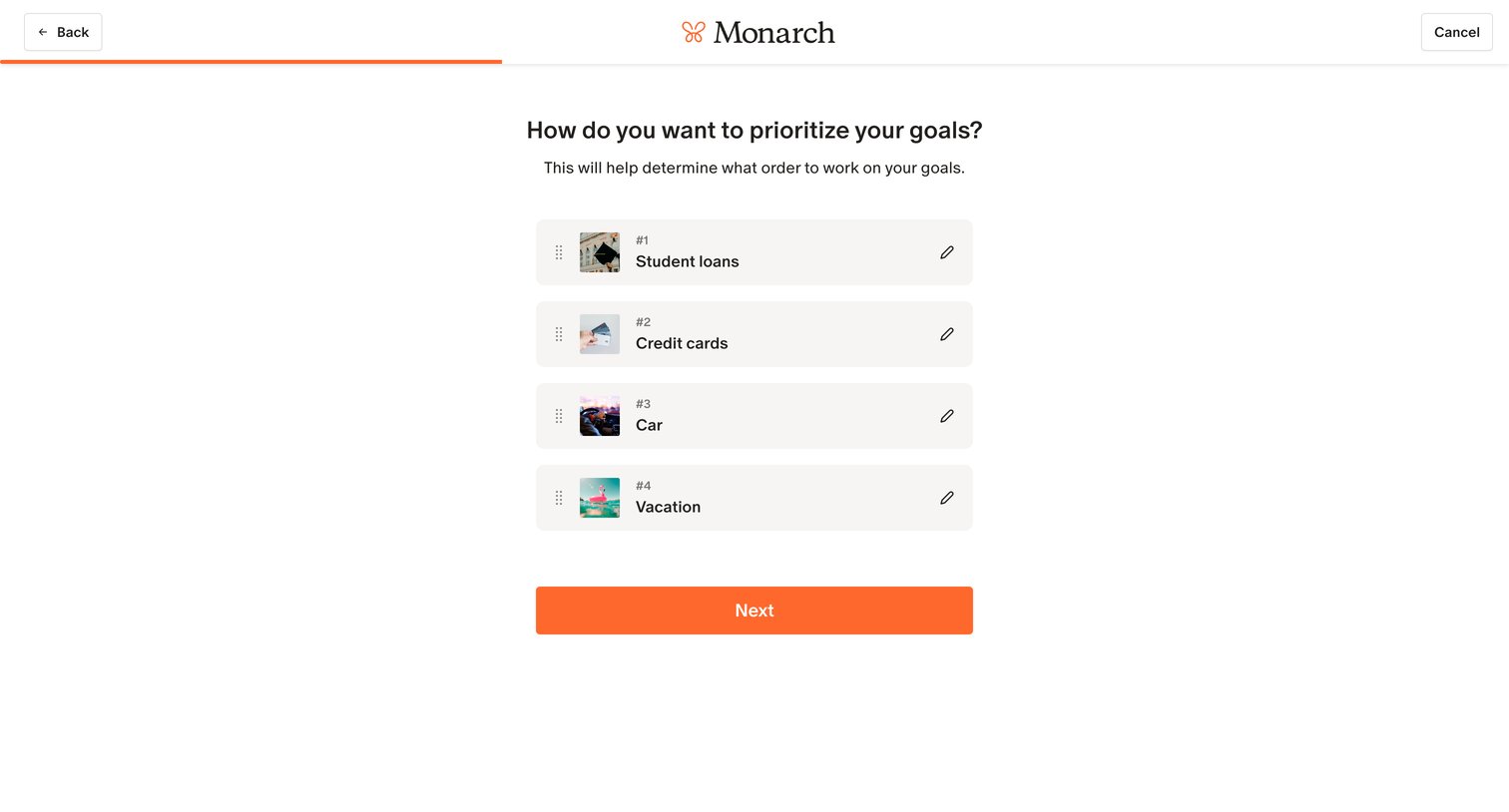 Monarch - Monarch | Goals setup screen