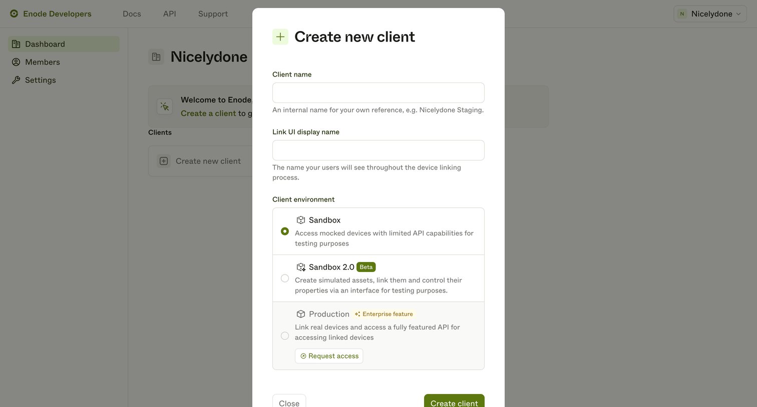 Enode - Enode Developers screen