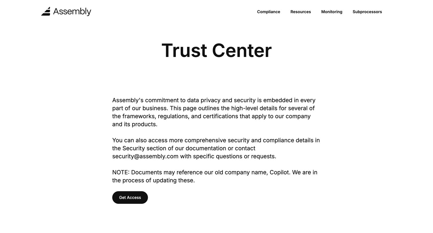 Assembly AI App Builder - Assembly Trust Center screen