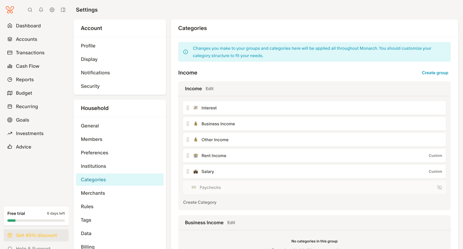 Monarch - Category Settings screen