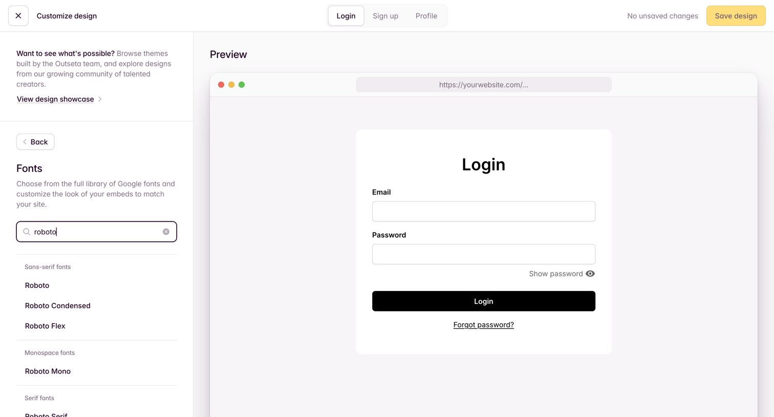 Outseta - Design screen