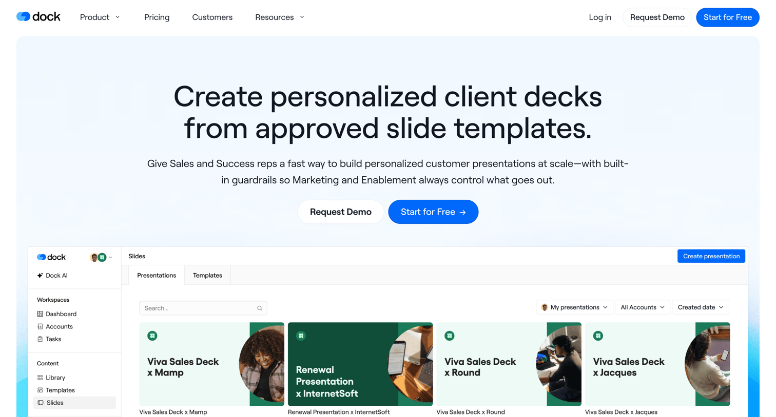 Dock - Dock Slides | Create client presentations from approved slide templates screen