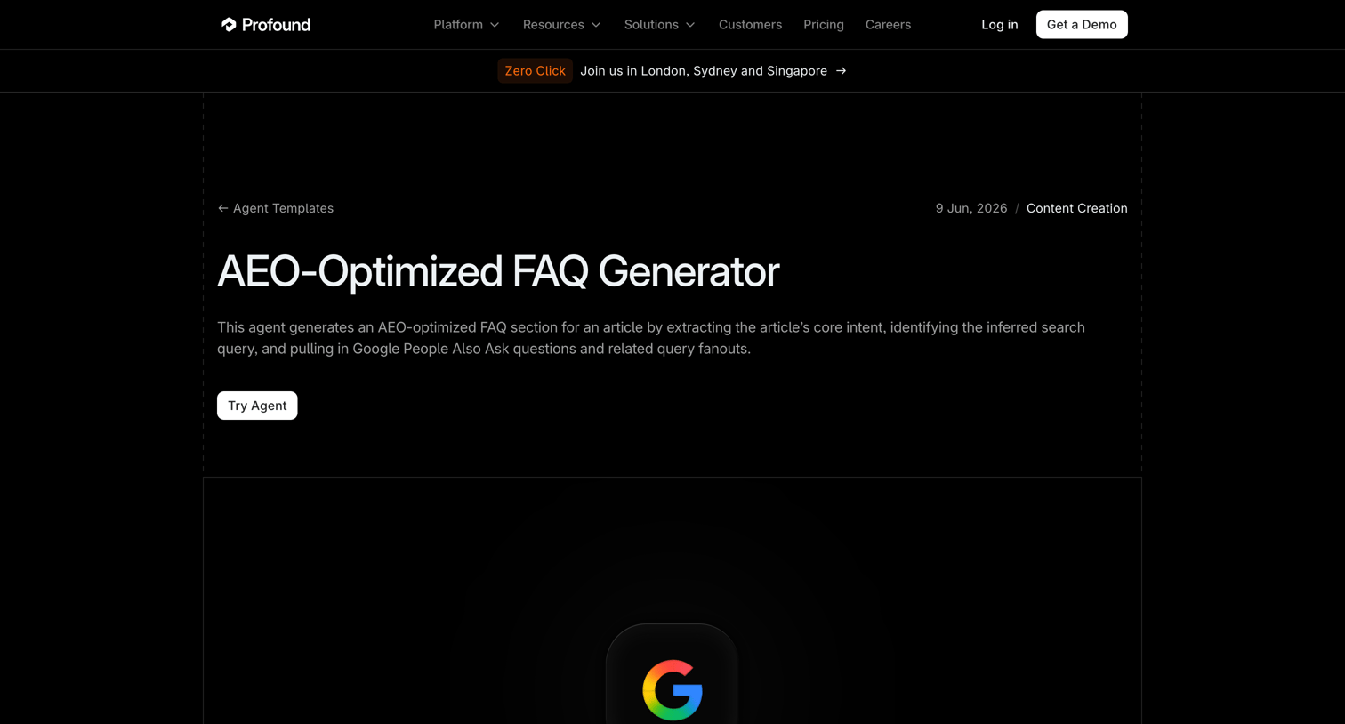 Tryprofound - AEO-Optimized FAQ Generator - Content Creation Agent Template | Profound screen