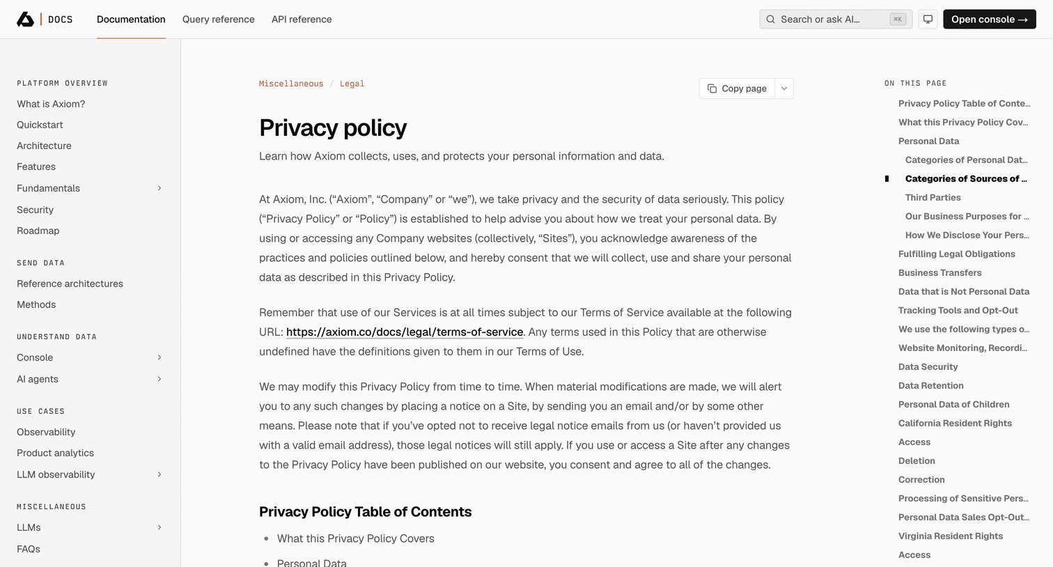 Axiom - Privacy policy | Axiom Docs screen