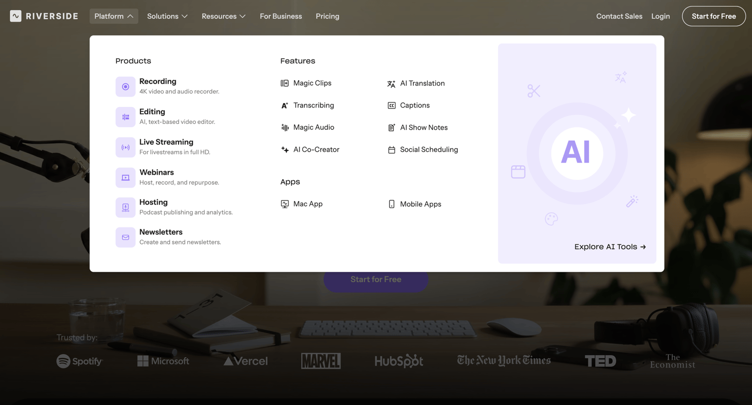 Riverside - Riverside: HD Podcast & Video Software | Free Recording & Editing - hover: Platform screen