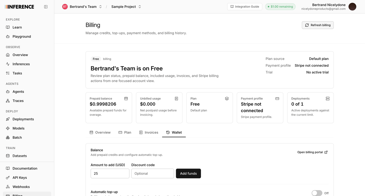Inference - Dashboard | inference.net screen