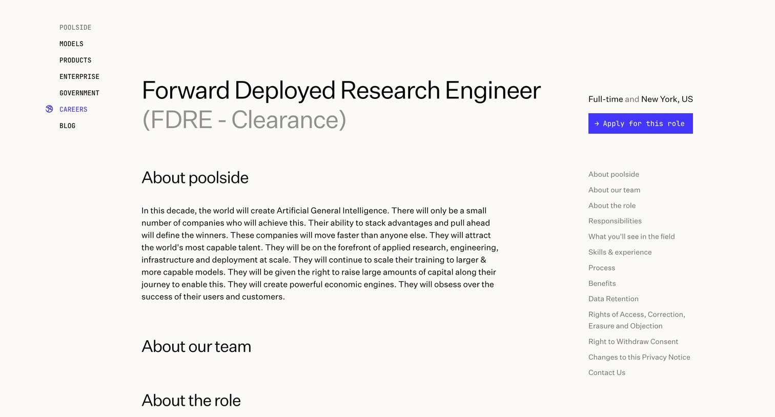 Poolside - Forward Deployed Research Engineer (FDRE - Clearance) — Poolside screen