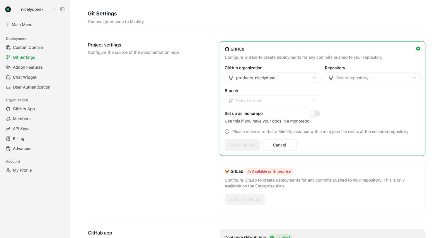 Mintlify - Git Settings - Mintlify screen