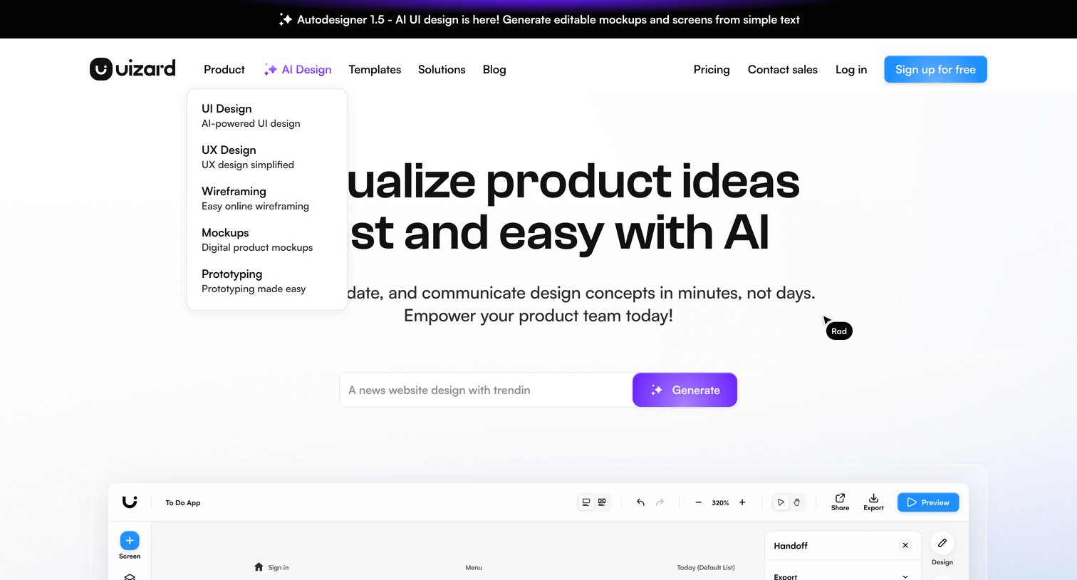 Uizard - Uizard | UI Design Made Easy, Powered By AI  Sign Up Free screen