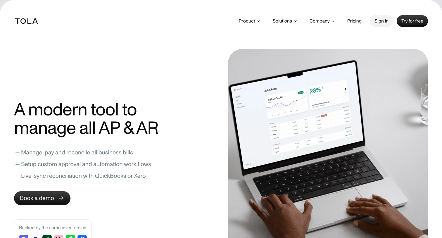 Tola - Tola - Accounts payable, accounts receivable and cash flow manage screen
