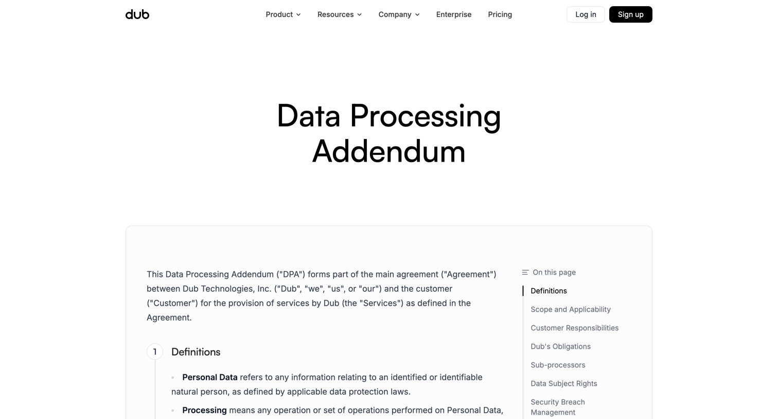 Dub - Data Processing Addendum | Dub.co screen