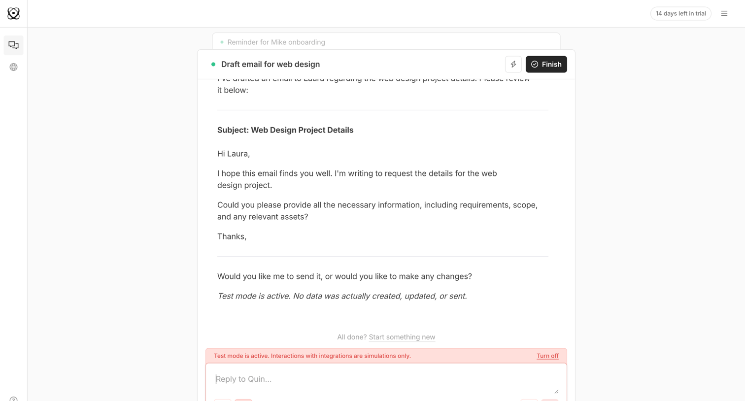 Quin - Draft email for web design | Quin screen