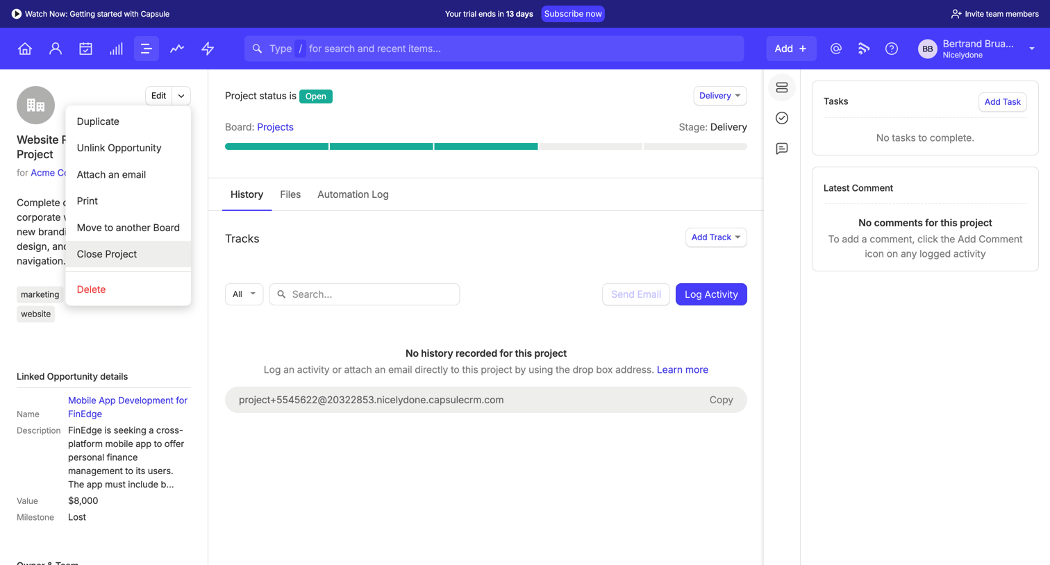 Capsule - Website Redesign Project | Nicelydone CRM screen