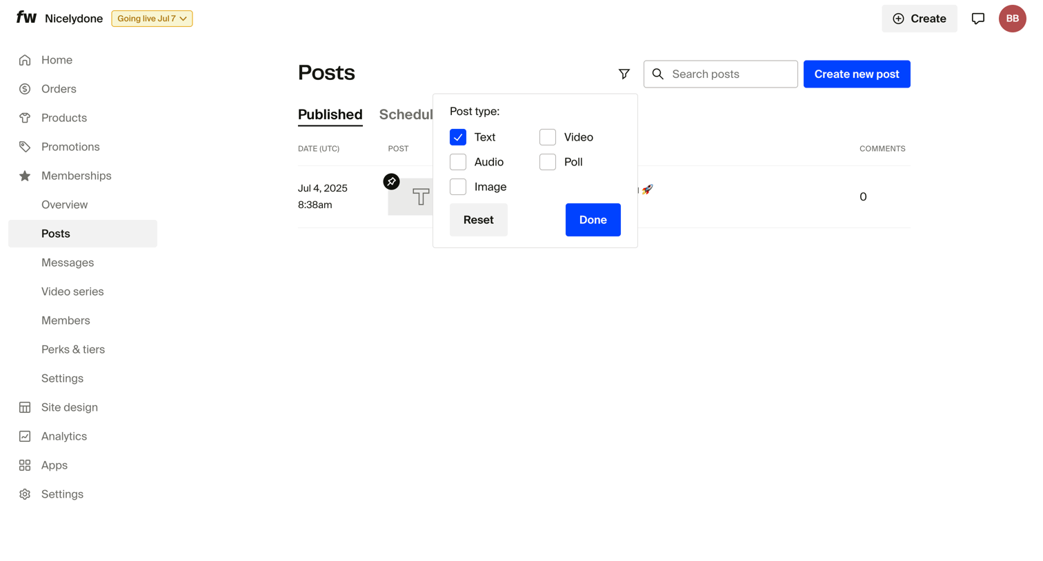 Fourthwall - Published Posts – Dashboard screen