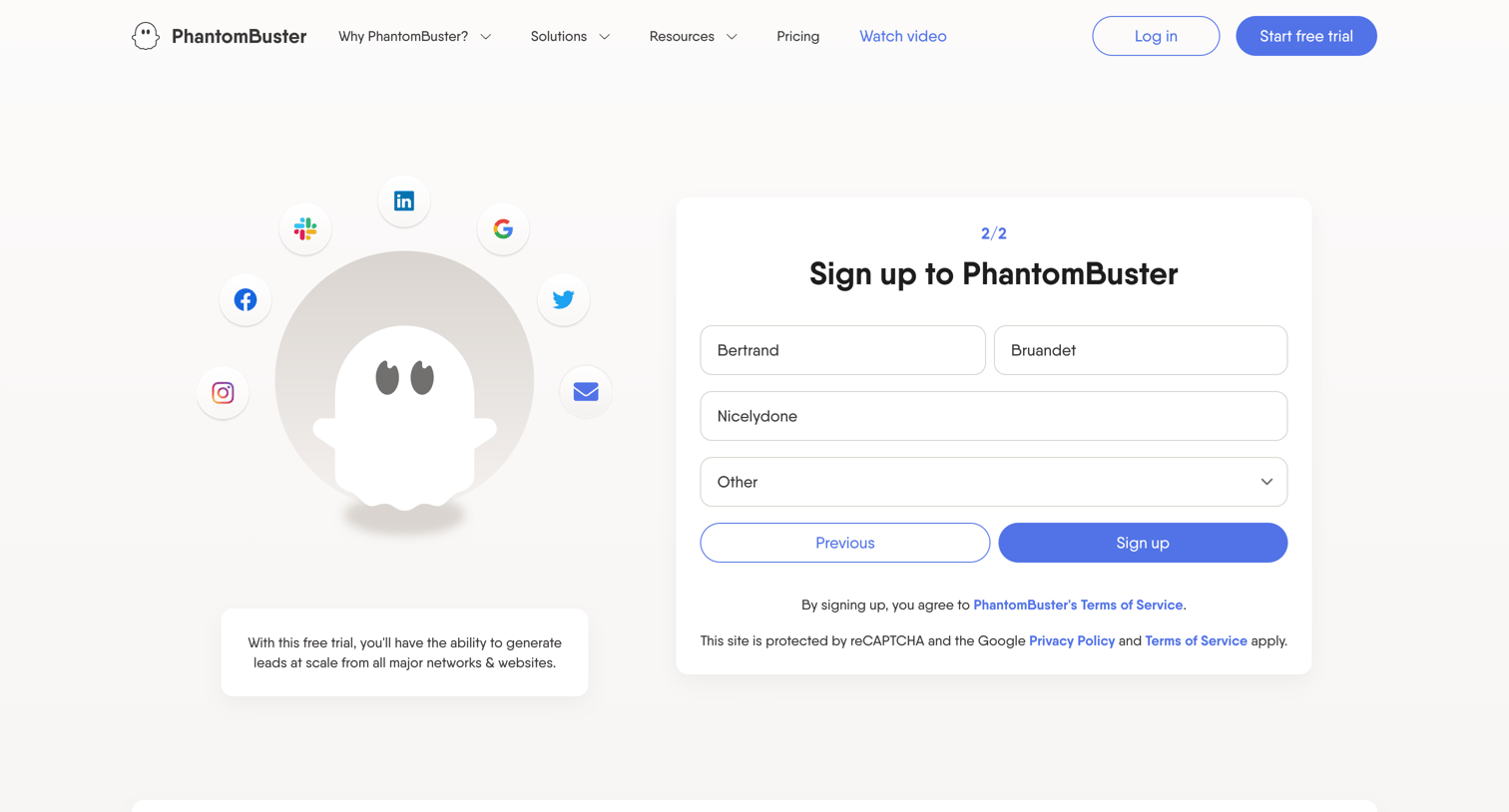 PhantomBuster - Sign up | PhantomBuster screen