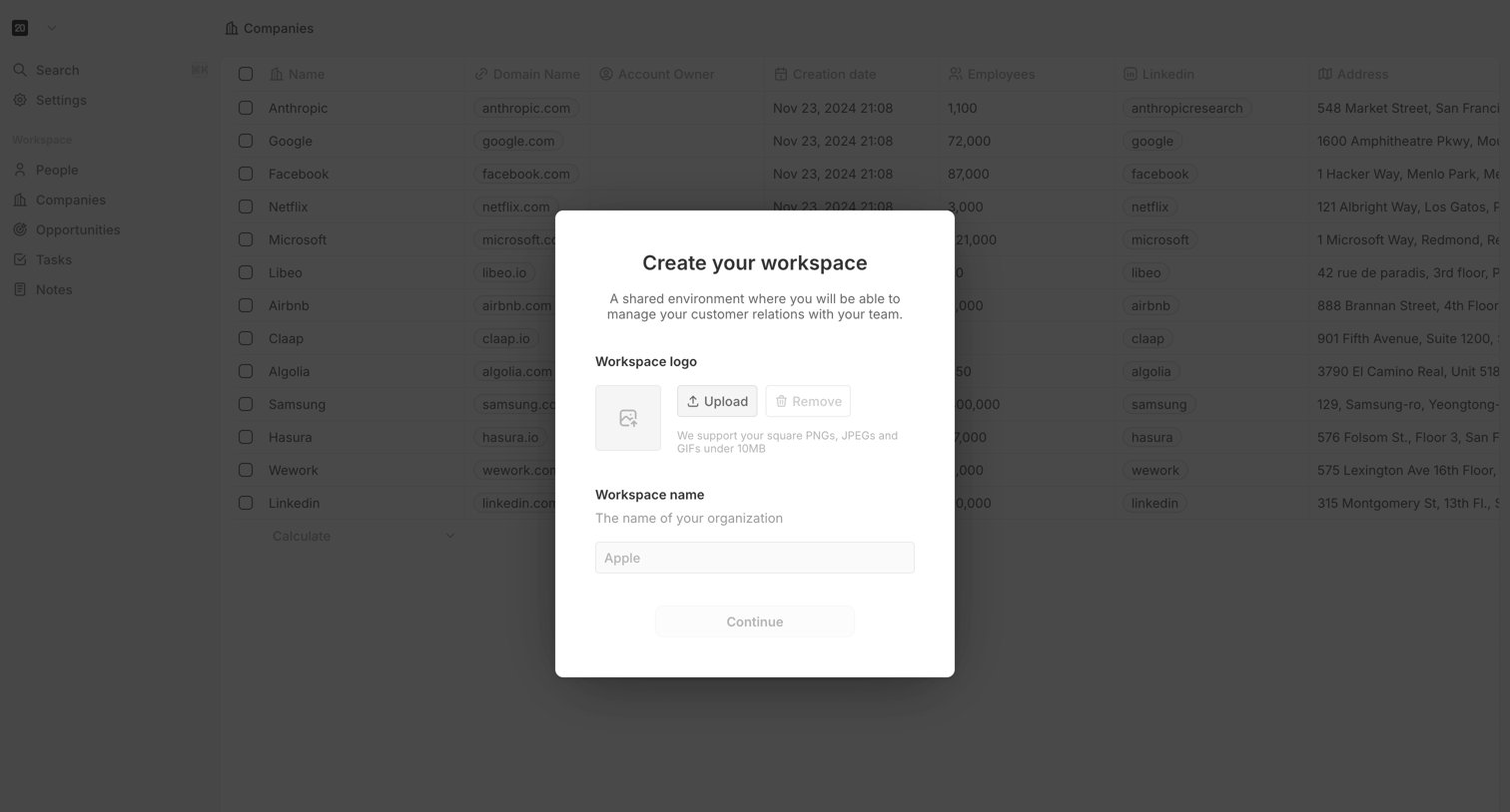 Twenty - Create Workspace screen