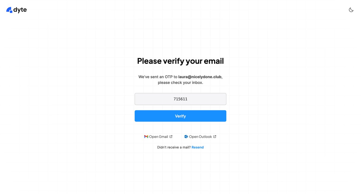 Dyte - Verify your Dyte Account screen