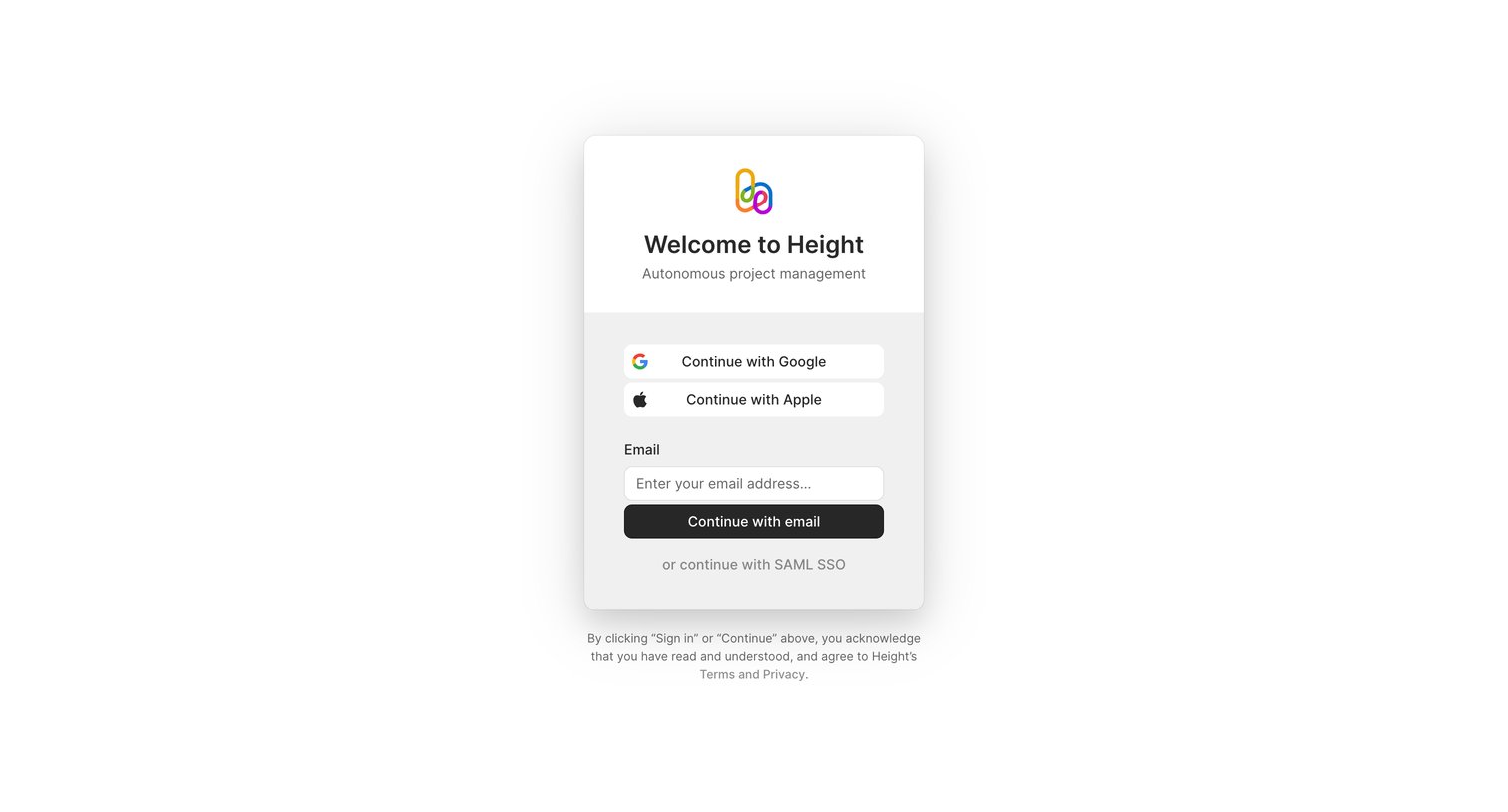 Height - Log in - Height screen