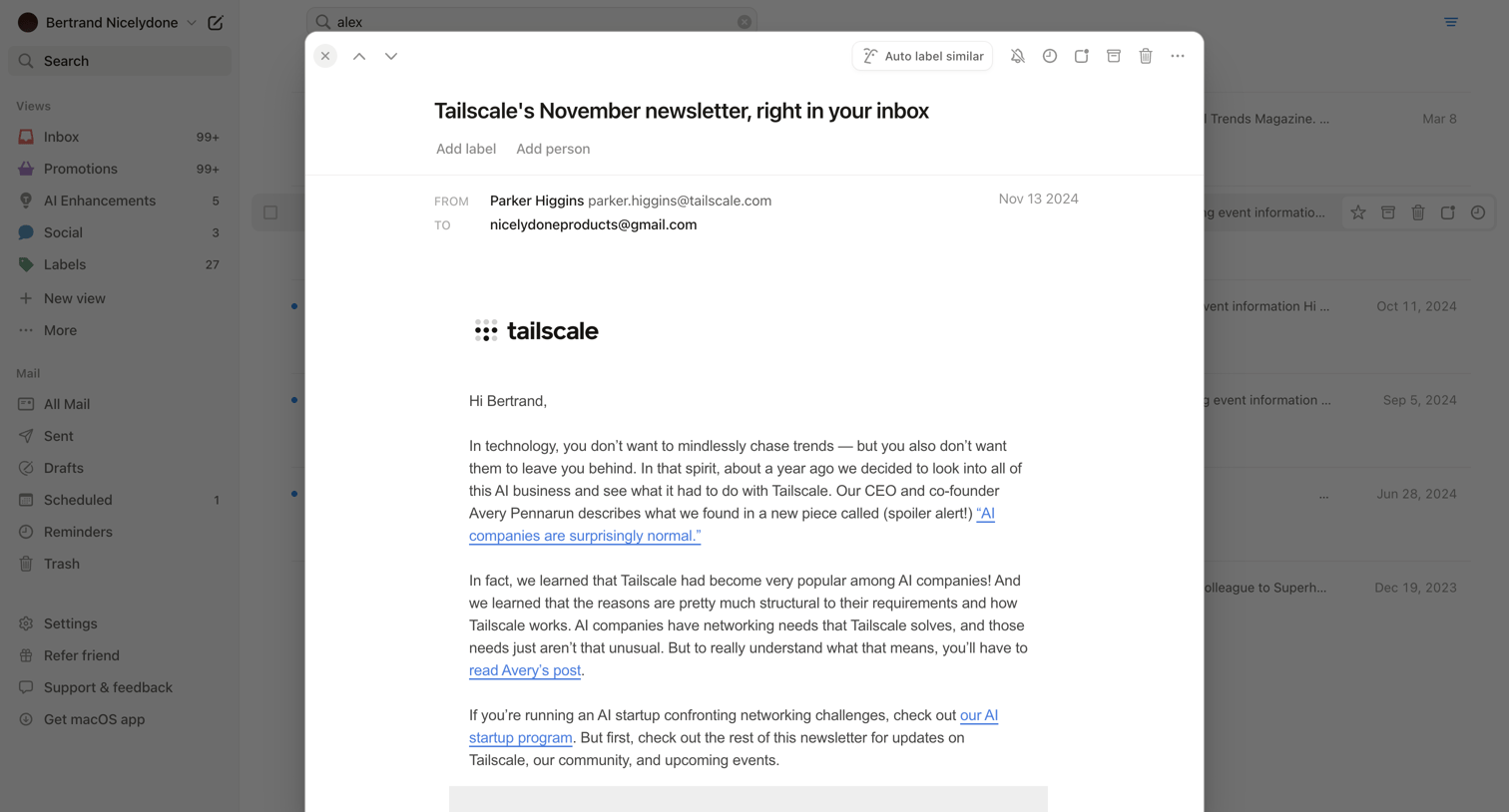 Notion Mail - Search • nicelydoneproducts@gmail.com • Notion Mail screen