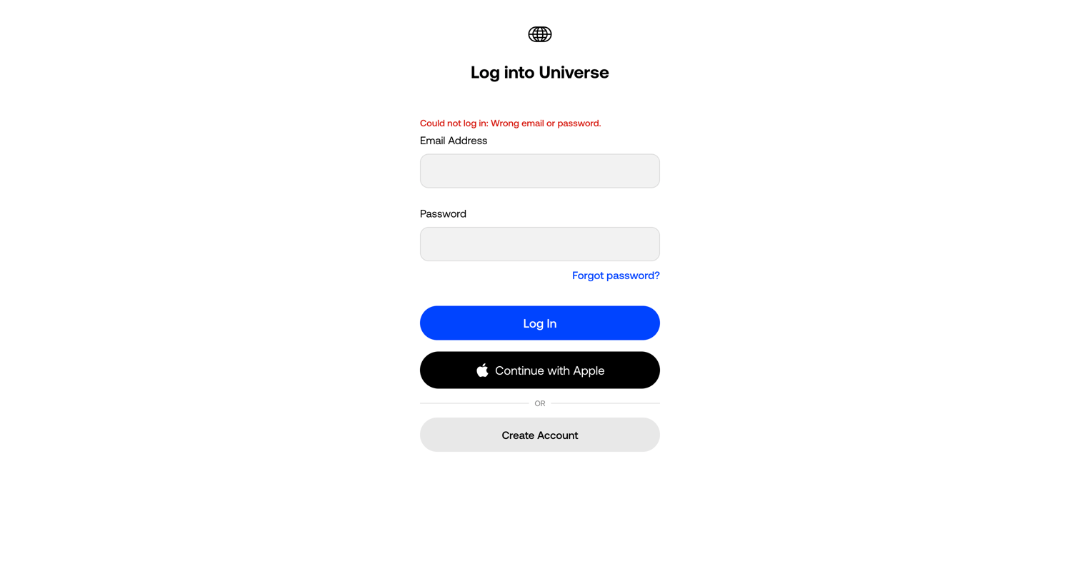 Universe - Sign In | Universe screen