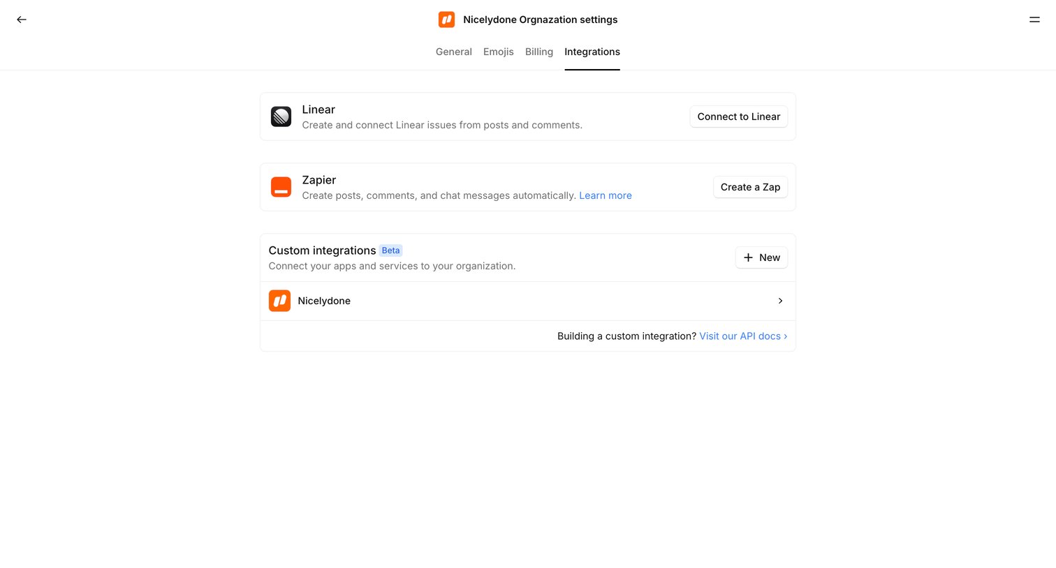 Campsite - Nicelydone Orgnazation integrations screen