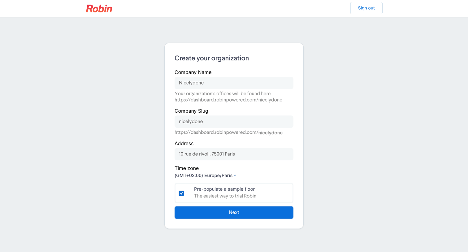 Robin - Create an organization - Robin screen