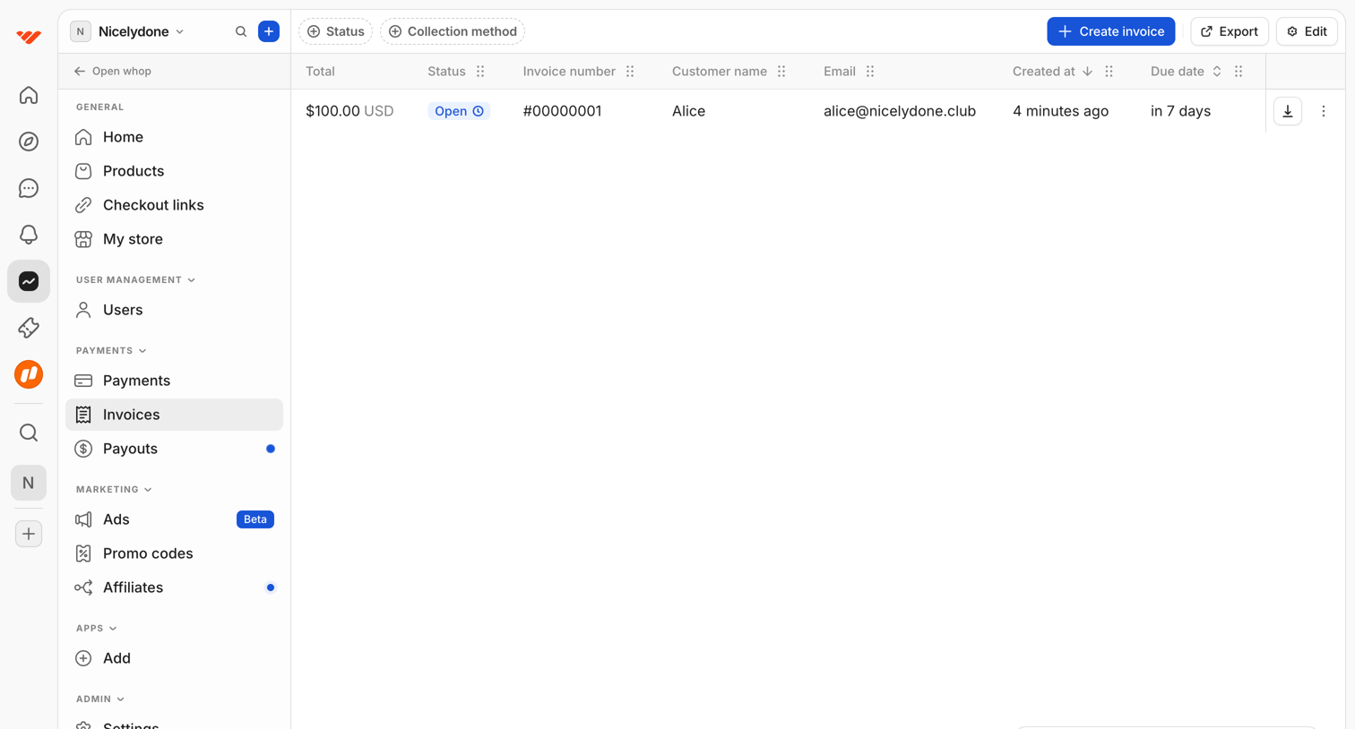 Whop - Invoices | Nicelydone screen