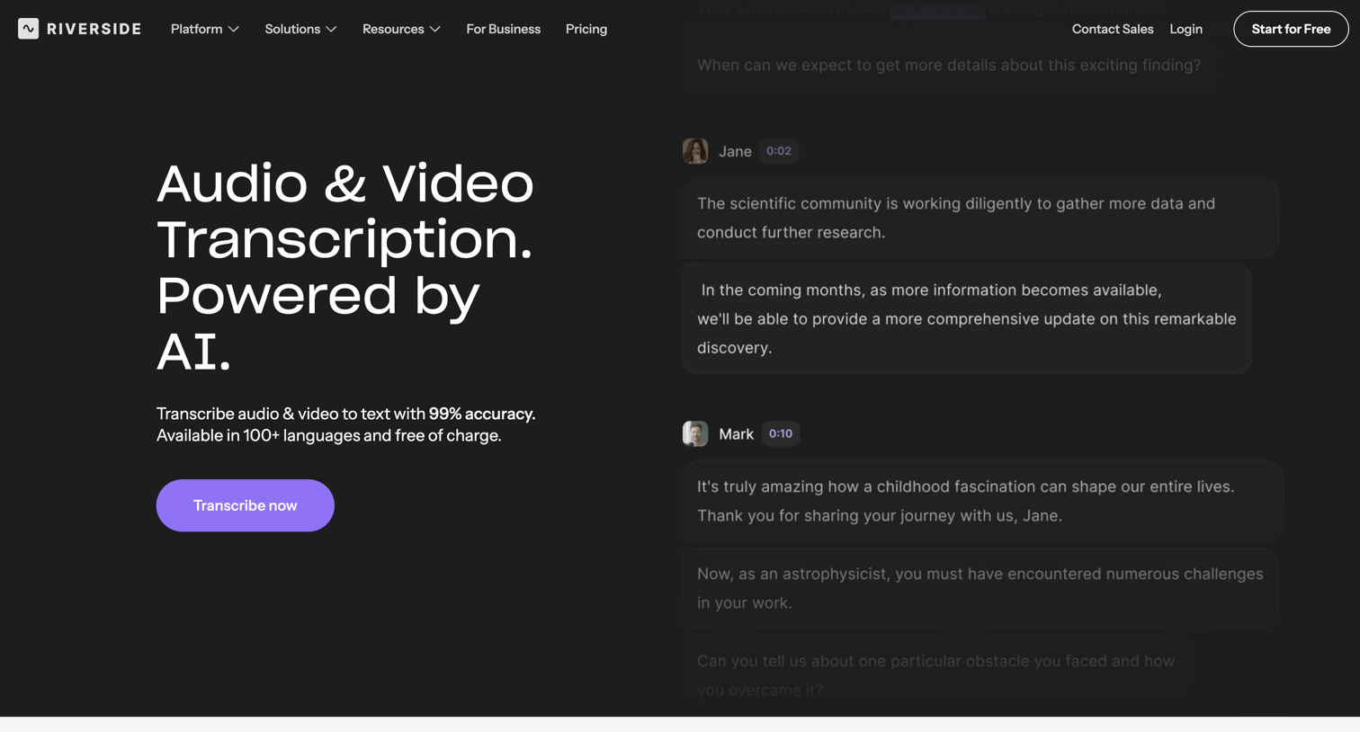 Riverside - Free Audio & Video Transcriptions with 99% Accuracy | AI-Powered screen