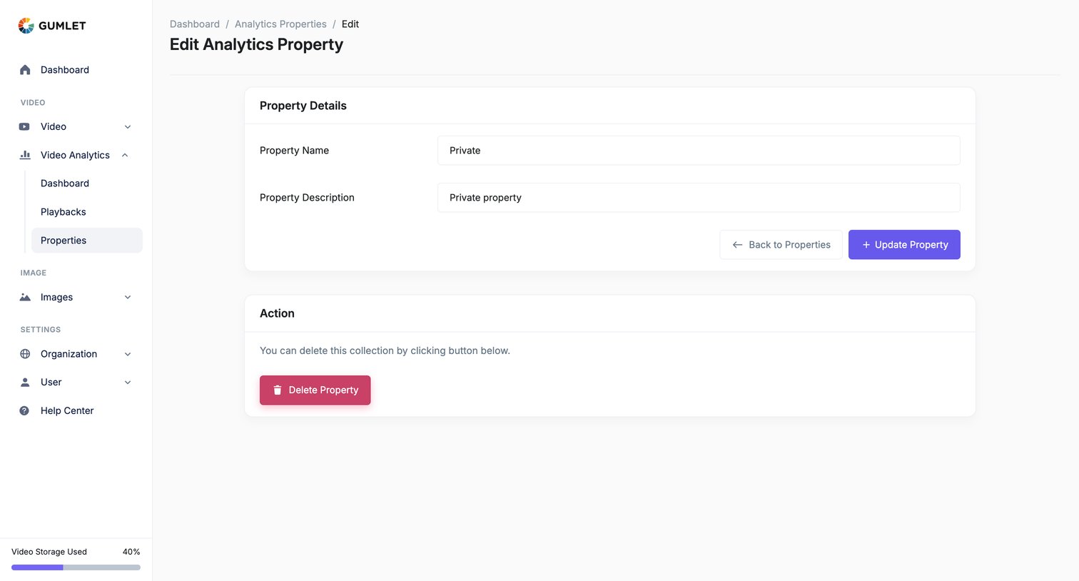 Gumlet - Edit - Analytics Property - Gumlet screen