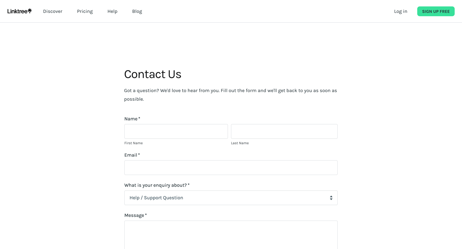 Linktree - Contact Linktree | Say hi here screen