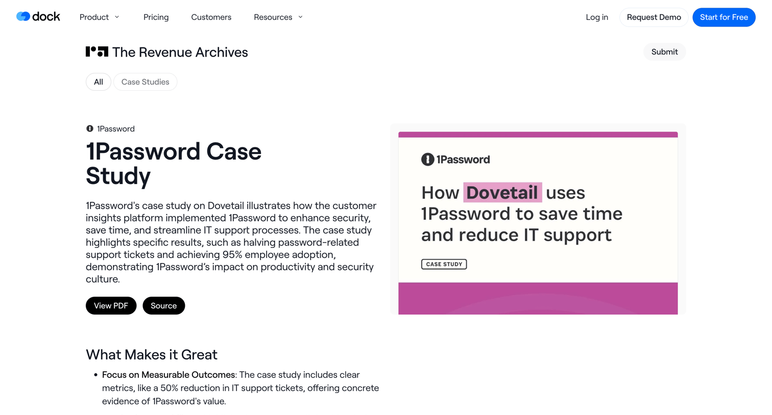 Dock - 1Password Case Study | Revenue Archives screen