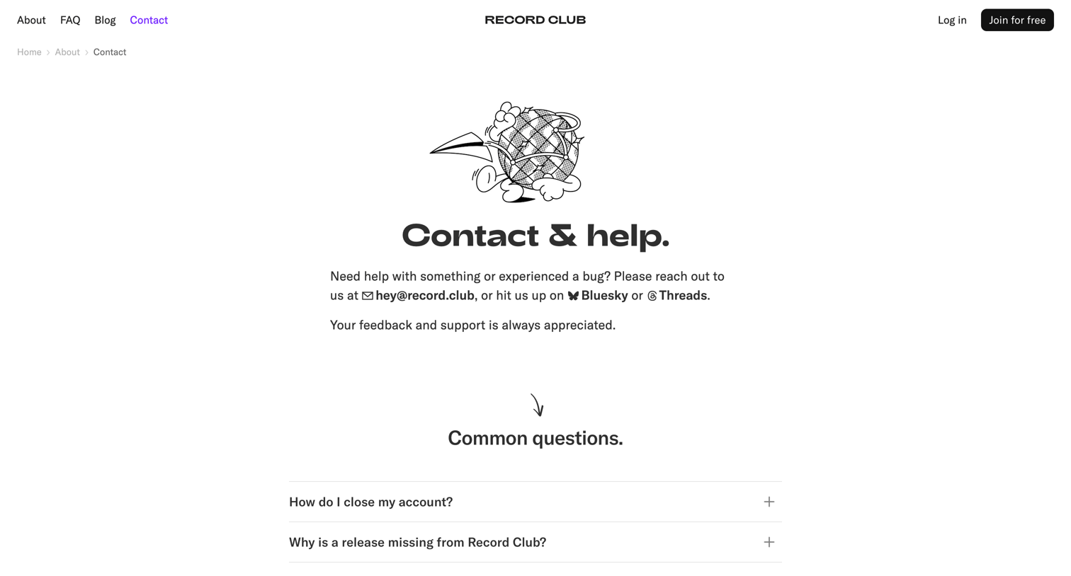 Record club - Contact & Help – Record Club screen