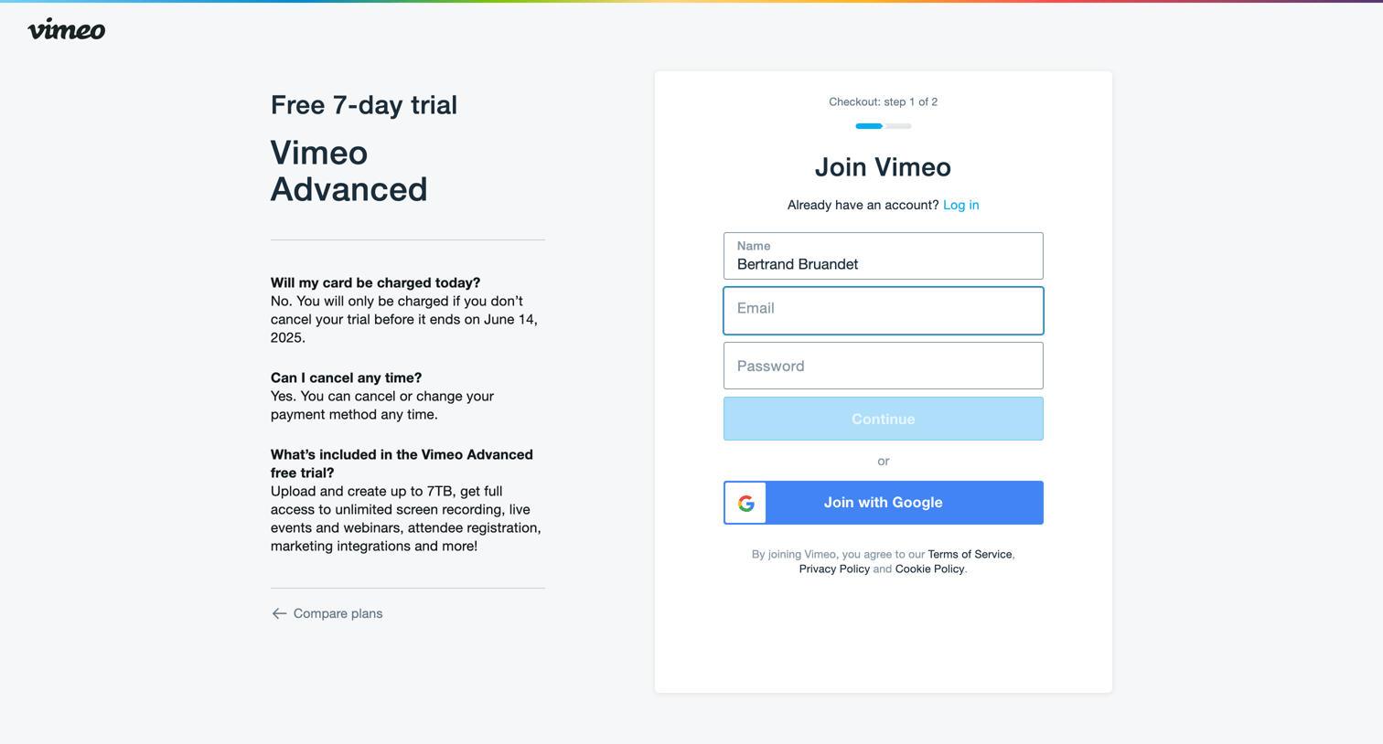 Vimeo - Checkout on Vimeo screen