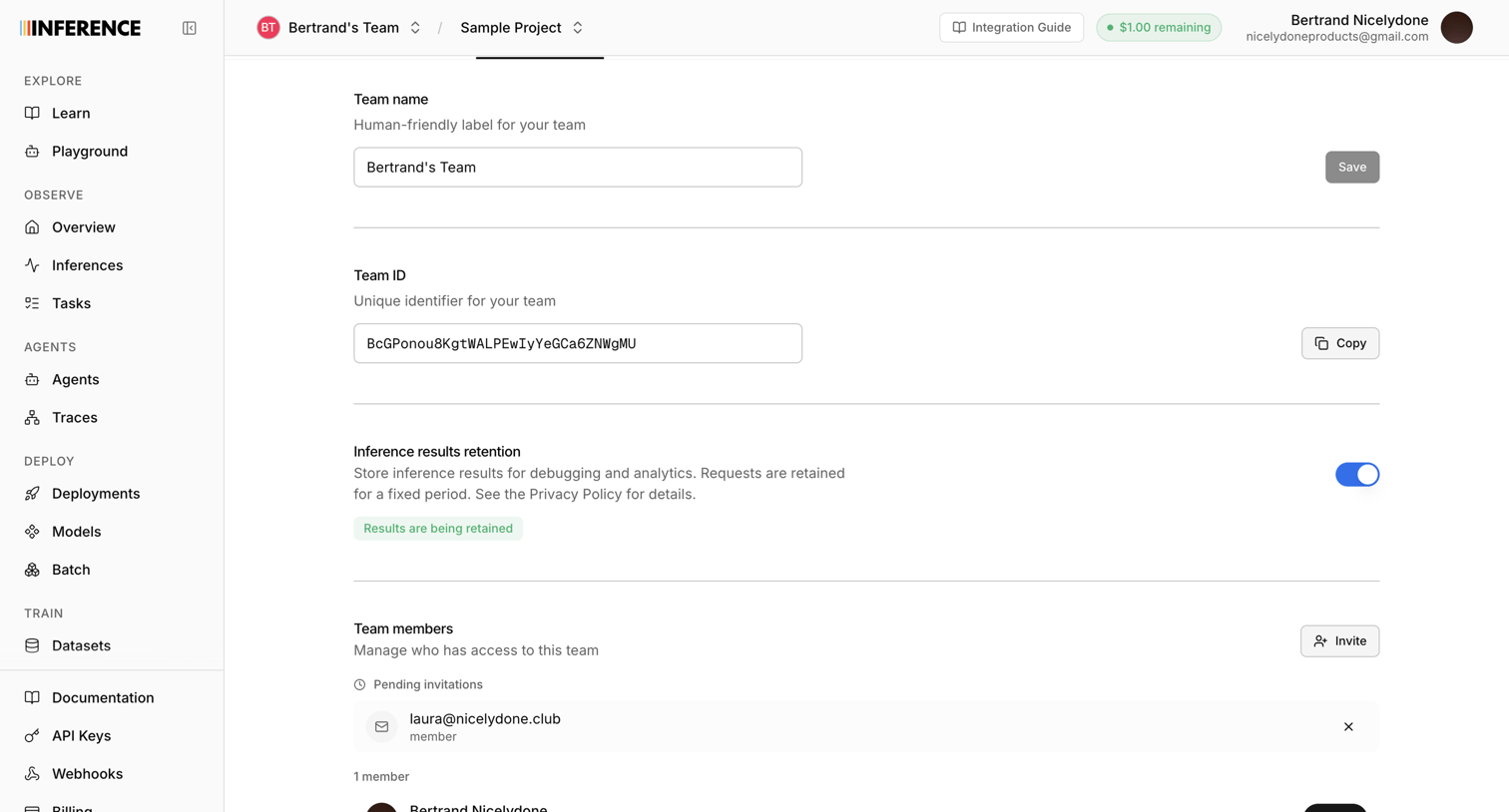 Inference - Settings | inference.net screen