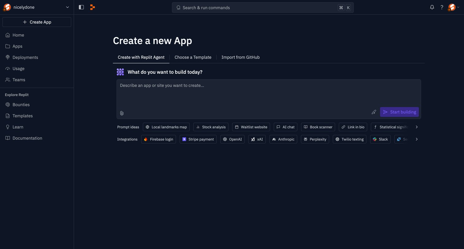 Replit - Create a new App - Replit screen