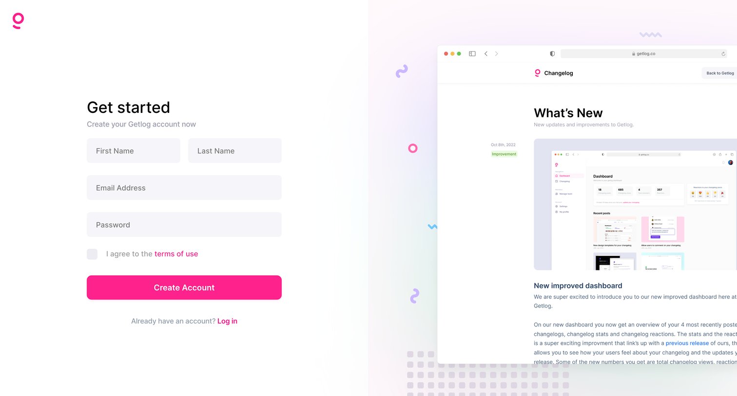 Getlog - Getlog - Create your Getlog account screen