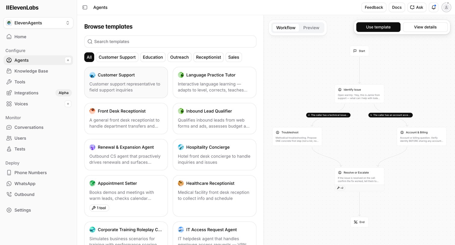 Elevenlabs - Agents | ElevenLabs screen