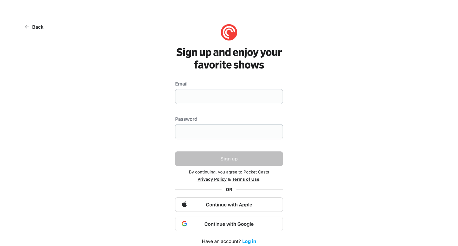 Pocket Casts - Log in - Pocket Casts screen