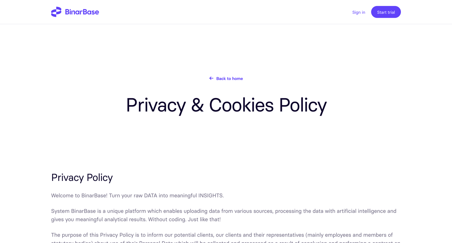 BinarBase - Cookies Policy screen
