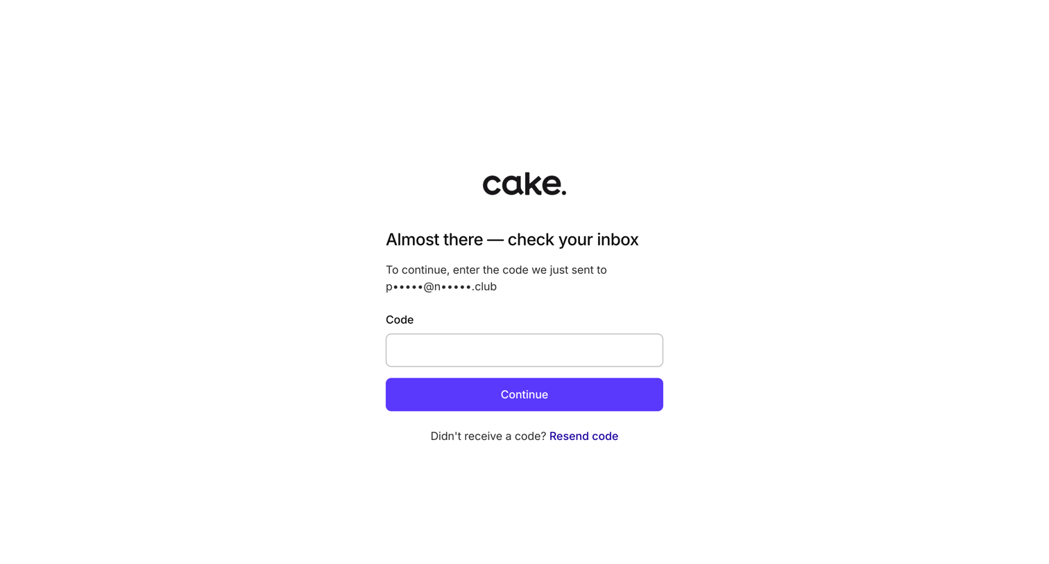 Cake - Confirm code | Cake Equity screen