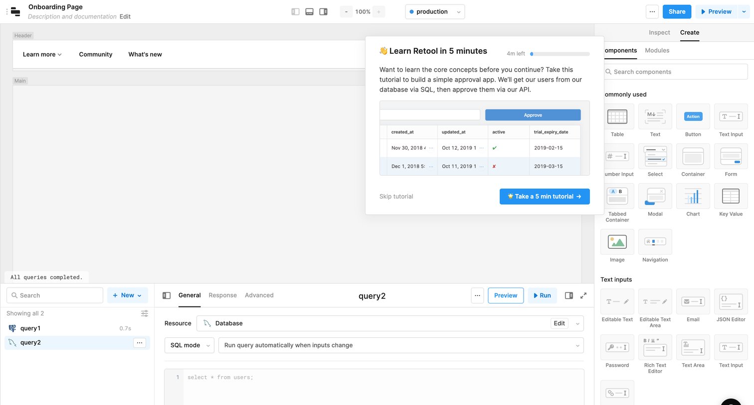 Retool - Onboarding Page | Editor  Retool screen