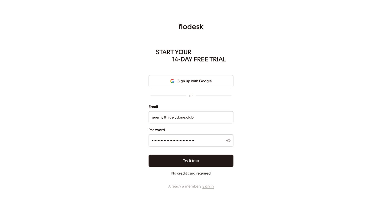 Flodesk - Sign up | Flodesk screen