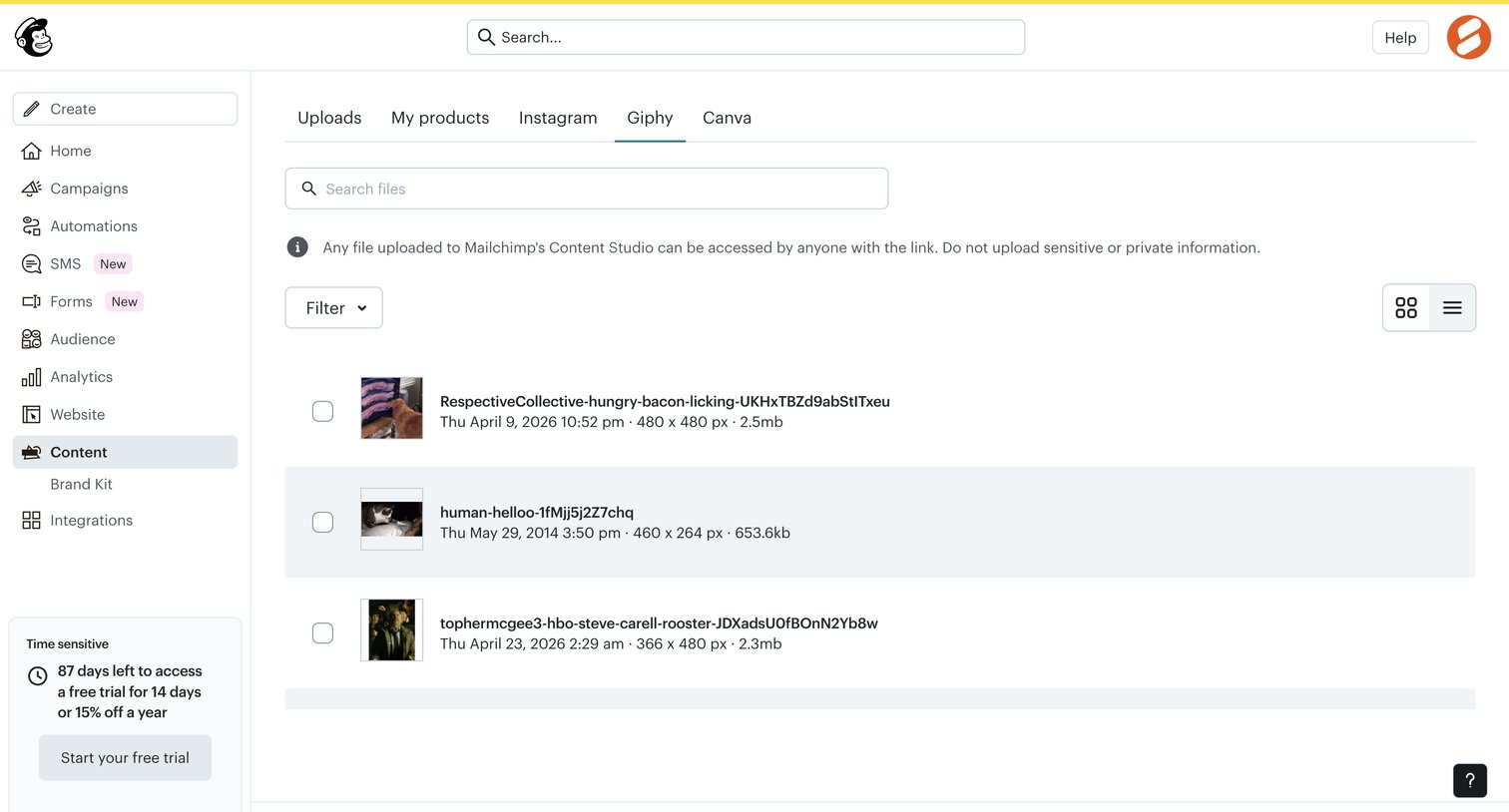 Mailchimp - Content Studio | Mailchimp screen