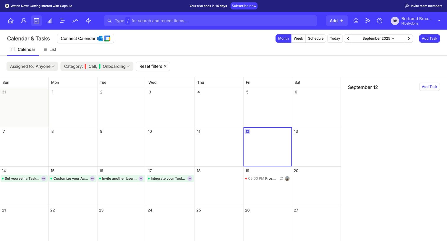 Capsule - Calendar | Nicelydone CRM screen