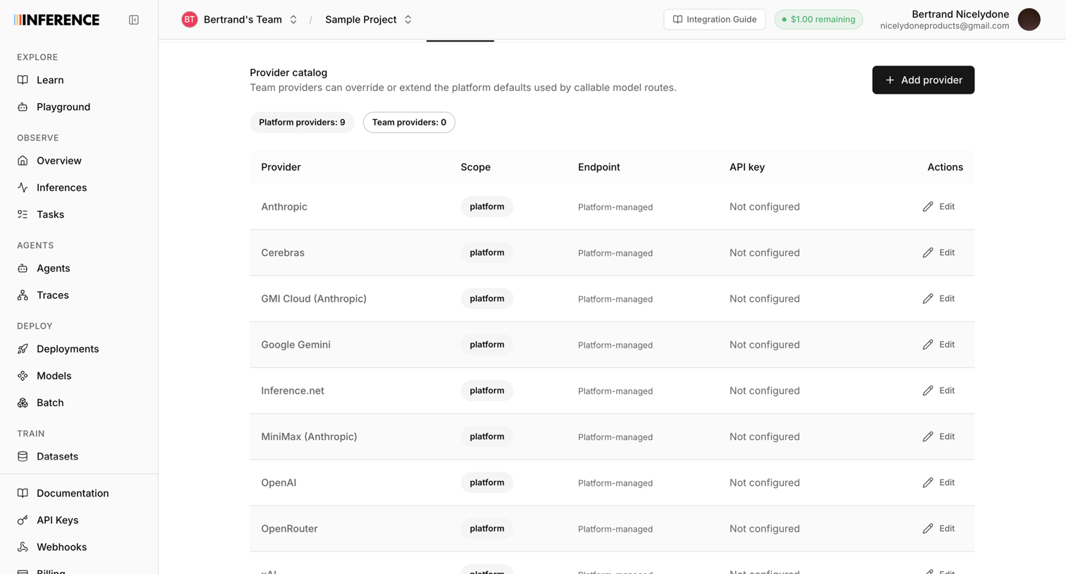 Inference - Settings | inference.net screen